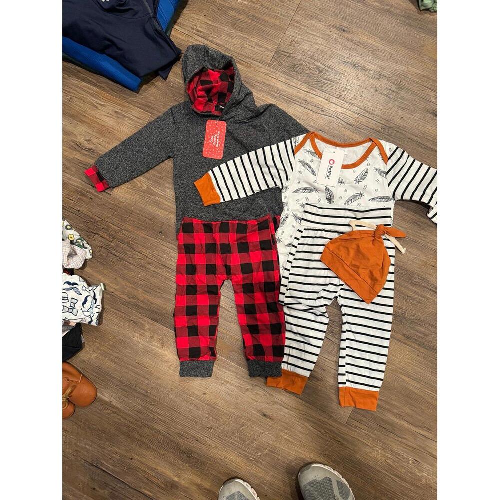 NWT PapPat Infant Outfit Lot of 2 Stripex and Red and Grey SZ 9/12 & 12/18m
